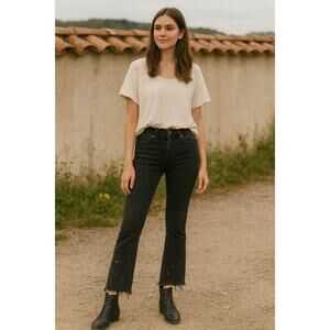 Free People SZ 25 Black High Rise Fringe Hem Jeans With BOHO Leg Cutouts